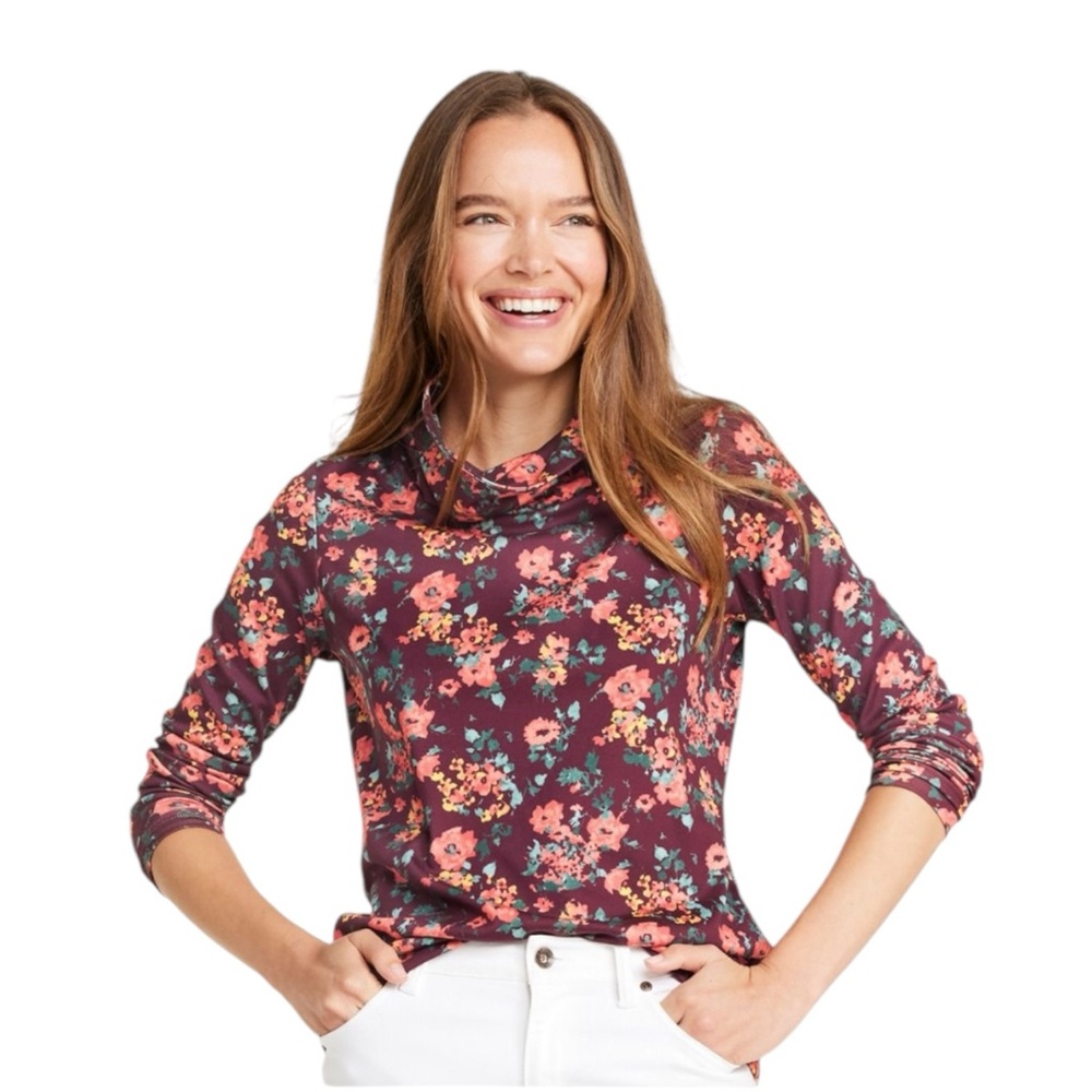 NEW L.L. Bean Pima Cotton Tee Floral Cowlneck Petite XL